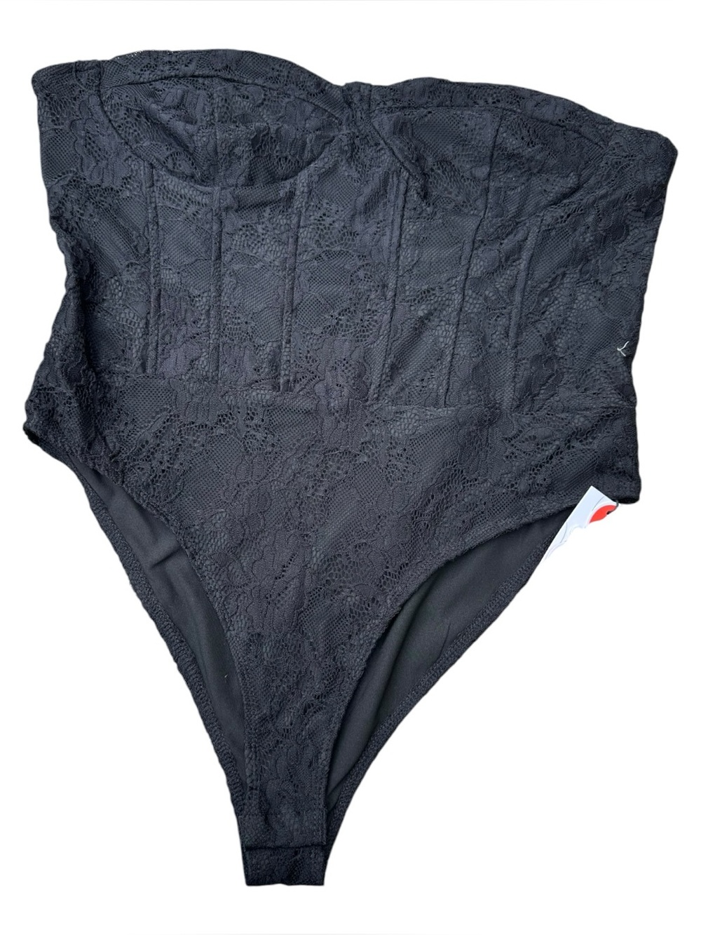 CIDER Black Lace Corset Bodysuit XL Strapless Bustier High Cut NWT